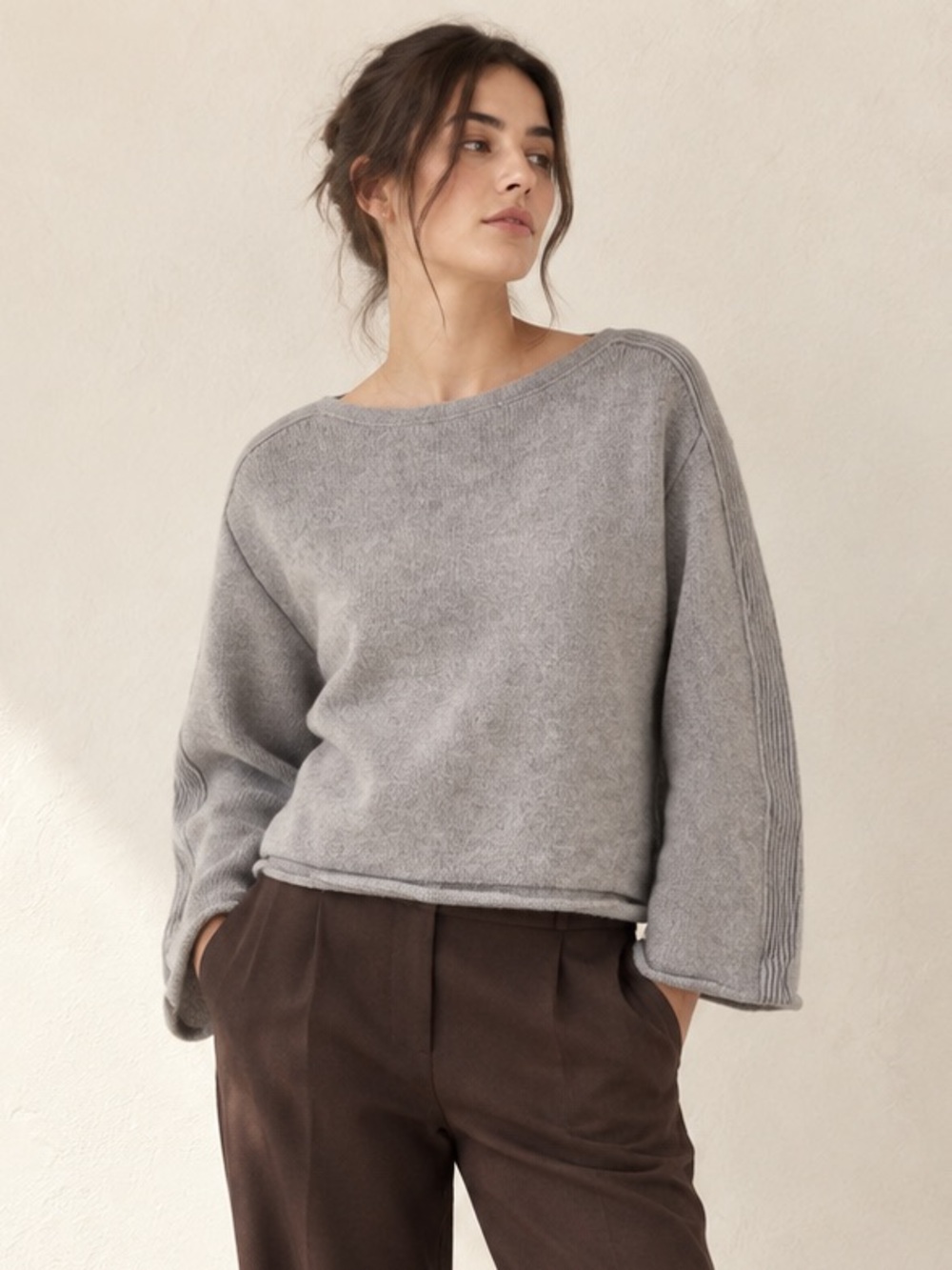 Aritzia Wilfred Merino Wool Boatneck Bell Sleeve Sweater Grey Sz XS